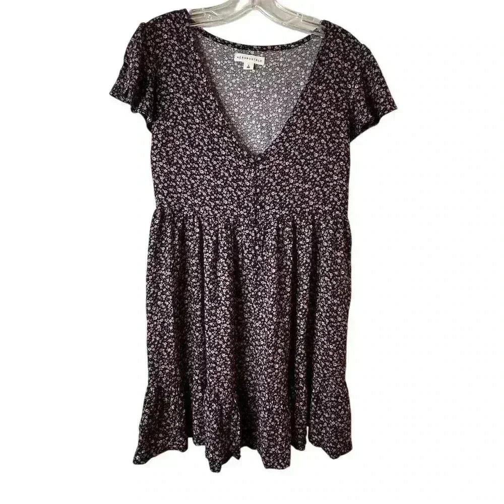 Aeropostale Women's S Floral V-Neck Babydoll Mini Dress Multicolor
